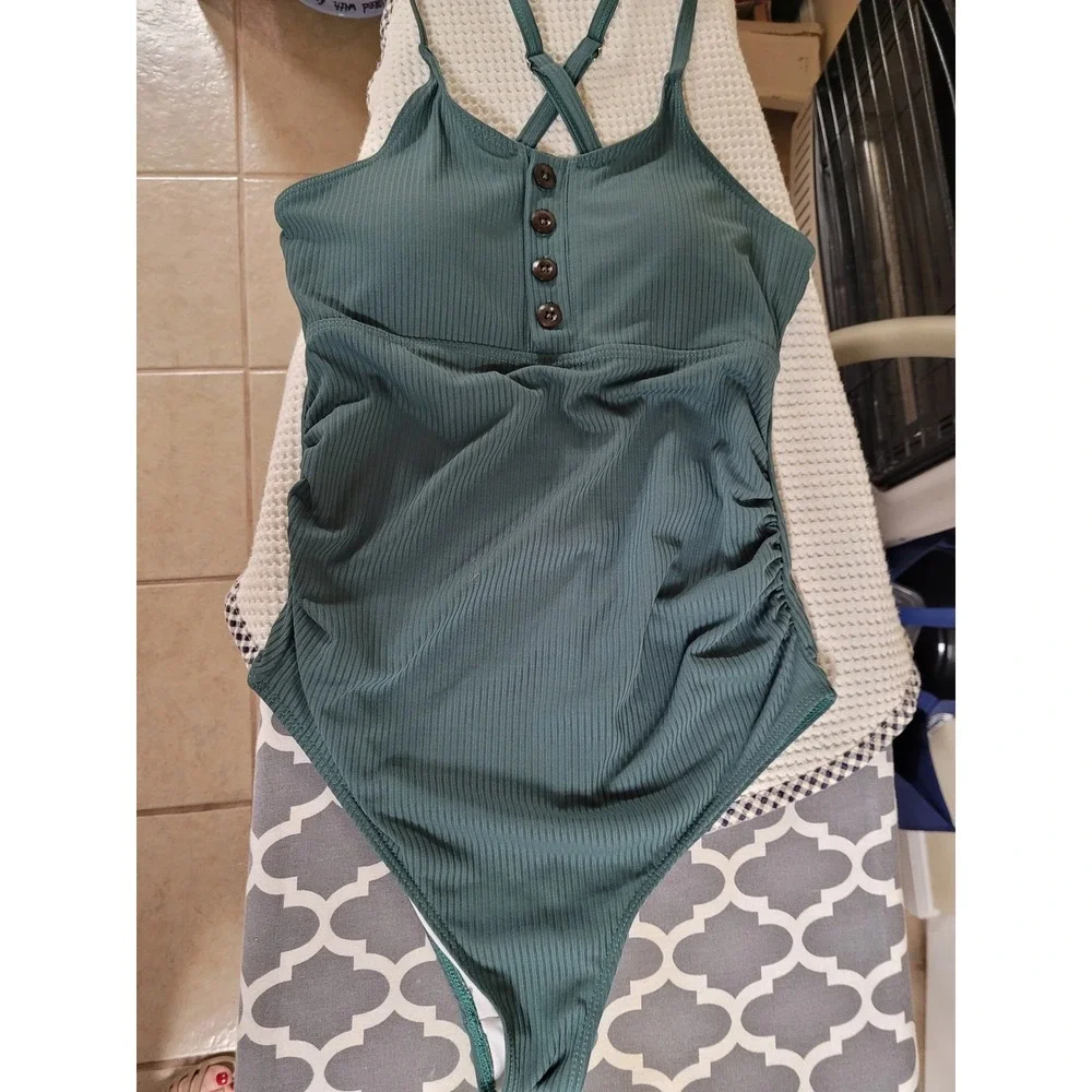 Summer Mae Ribbed 1 Piece Swimsuit Olive Green Buttons Sexy Ruched Side Size S